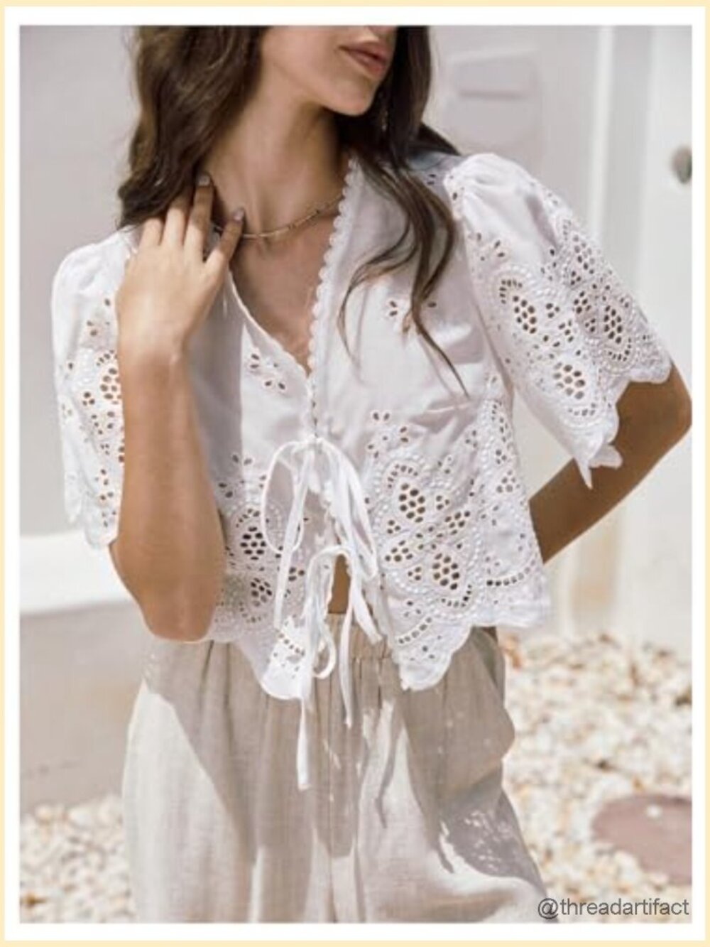 Hollow Tie Front Crop Top Ruffle Short Sleeve V Neck Blouse - Picture 4 of 5